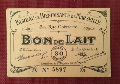 Bon de lait du bureau de bienfaisance de Marseille