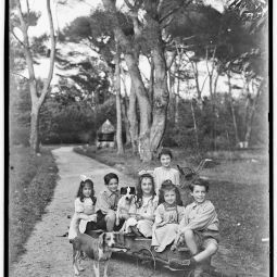 douard CORNET (1861-1930), Les enfants Perrin et Laboureau sur un chariot bricol de la proprit Breysse au Cabot, [vers 1914-1918], photographie ngative sur plaque de verre (AMM, 115 FI 1466) 