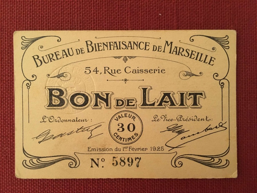 Bon de lait du bureau de bienfaisance de Marseille (Association des Amis du Patrimoine mdical de Marseille)