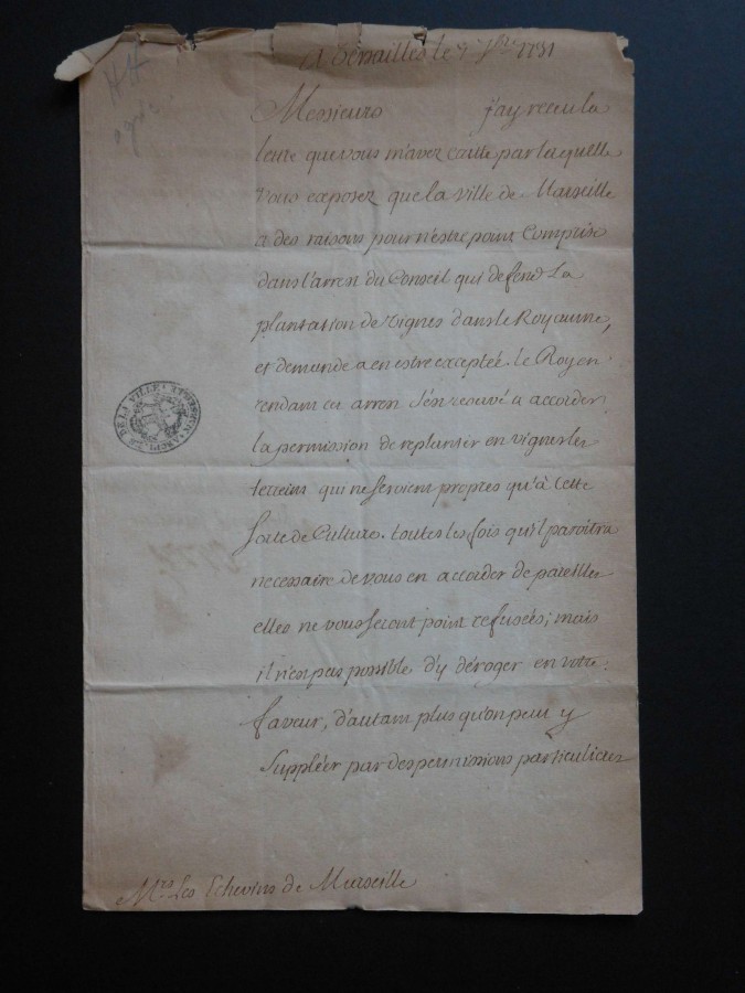 Lettre aux Echevins sur l'interdiction de replanter en vignes, 7 septembre 1731 (AMM, HH 235)