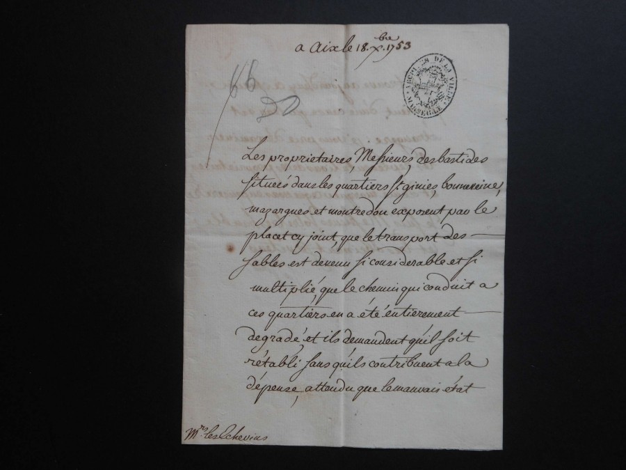 Lettre de l'intendant Latour au chevins sur l'alignement du chemin de Saint-Giniez , 8 dcembre 1753 (AMM, DD 74)