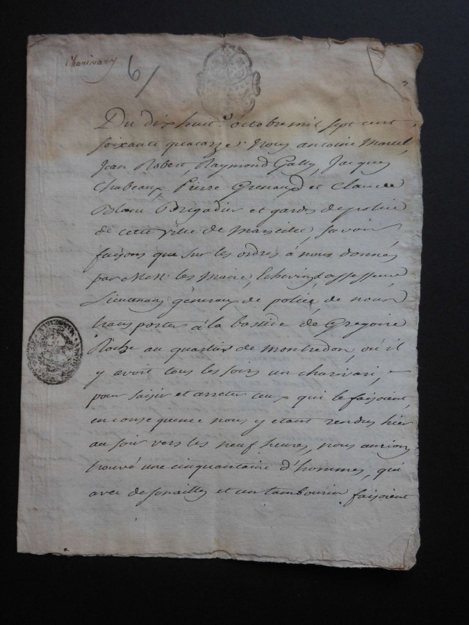 Rapport de police sur un charivari dans une bastide de Montredon, 18 octobre 1774 (AMM, FF 383 6)