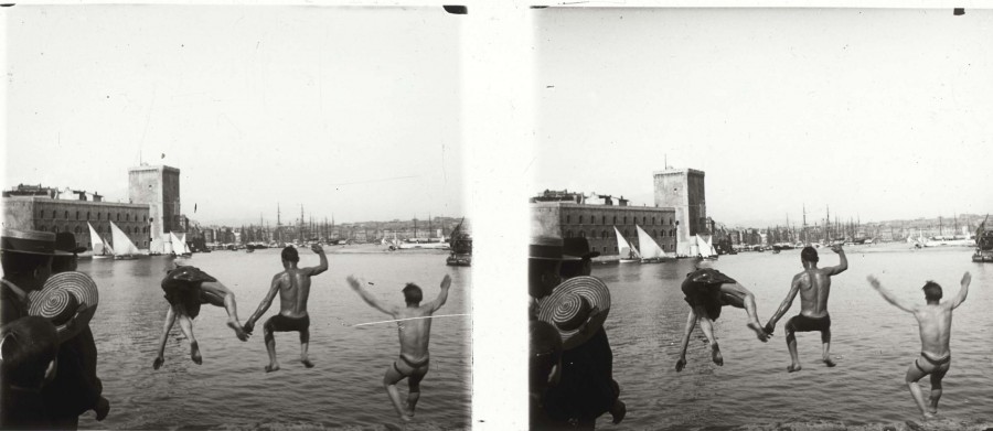ANONYME, le plongeon dans la passe du Vieux-Port, [vers 1900], photographie stroscopique positive sur plaque de verre 7 x 15 cm  (AMM, 33 Fi 6195)