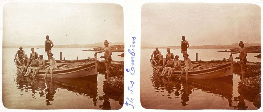 ANONYME, baigneurs sur une barque  l'le des Embiez (Var), [annes 1930 ?], photographie stroscopique positive sur plaque de verre 6 x 13 cm (AMM, 33 Fi 6103)